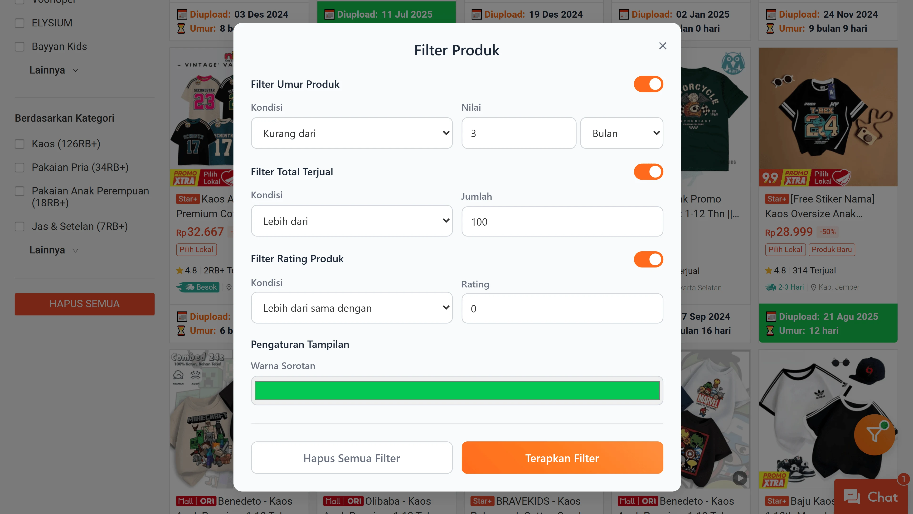 Tampilan fitur highligh produk ekstensi SHOPER di Shopee