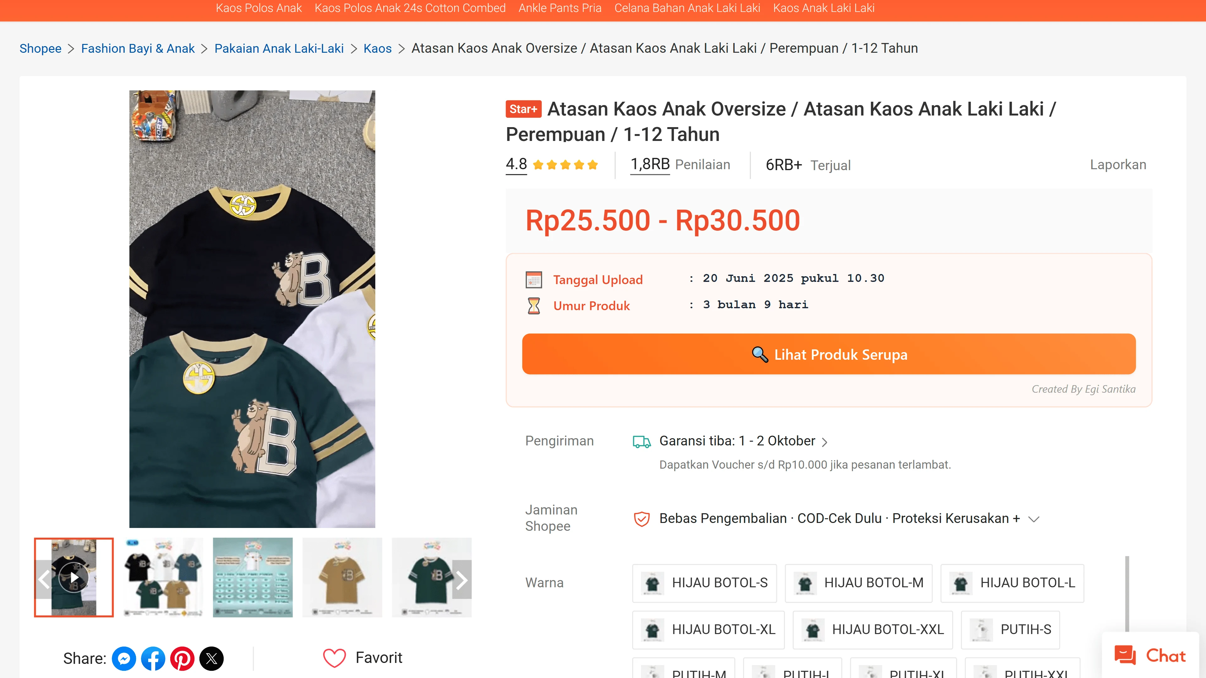 Fitur SHOPER tampilan lihat kapan produk di upload di Shopee